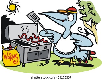 Vector cartoon of fierce bird preparing worm meal on barbecue