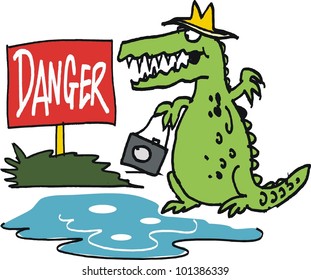 Vector cartoon of fierce crocodile lurking near danger sign.