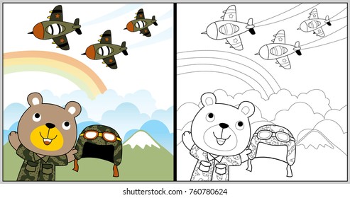 vector cartoon of fighter jet with funny bear soldier on rainbow background, coloring book or page