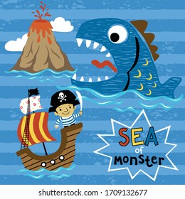 Vector cartoon of fighting pirate on sailboat versus fish monster, pirate element cartoon