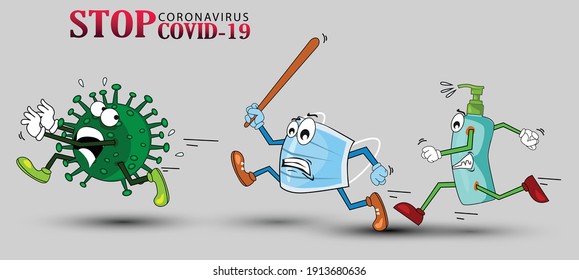 Vector cartoon figure drawing conceptual illustration of sanitizer and surgical mask chasing running coronavirus COVID-19 virus with disinfection or disinfectant.	