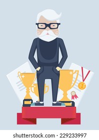 Vector cartoon figure of an old man champion in sport standing on a winners podium wearing a gold medal with golden trophies in a concept of an active old-age and achievement