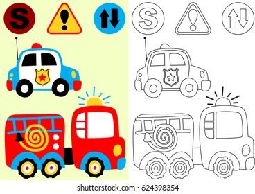 vector cartoon of fire engine and police car with traffic signs, coloring book or page