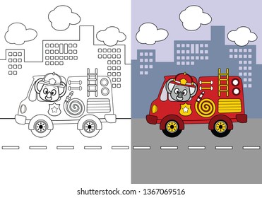 Vector cartoon of fire rescue, coloring book or page