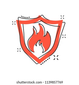 Vector cartoon fire warning shield sign icon in comic style. Flame protection sign illustration pictogram. Fire business splash effect concept.