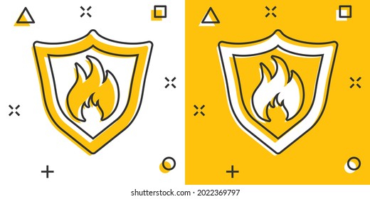 Vector cartoon fire warning shield sign icon in comic style. Flame protection sign illustration pictogram. Fire business splash effect concept.