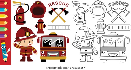 Vector cartoon of firefighter elements illustration, coloring book or page