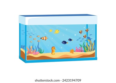 vector cartoon fish in an aquarium. Illustration of an aquarium with marine or freshwater fish. aquatic animal