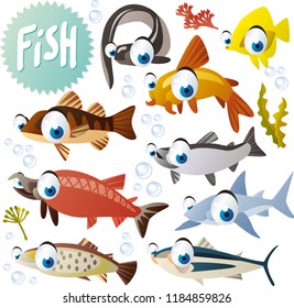 Vector cartoon fish collection. Funny vector sealife animal illustration set. Cute isolated vector eel, yellow tang, perch, catfish, trout, salmon, shark, tuna fish