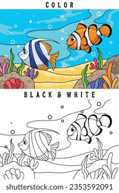 vector cartoon fish and coral under the sea, coloring book or page