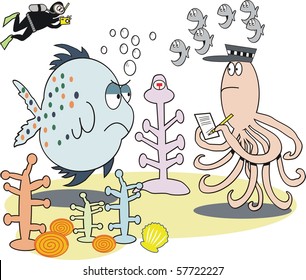 Vector cartoon of fish, octopus and funny coral shapes.