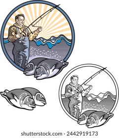 Vector cartoon fisherman character, holding a rod and catching fish. Illustration done in vintage woodcut style. Color and ready-to-cut black and white versions. Recreation and leisure concept.