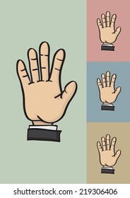 Vector cartoon of five fingers and a palm of a businessperson on four different color background