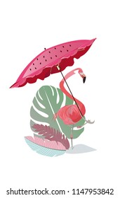  Vector cartoon flamingo with an umbrella and palm leaves. 