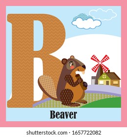 Vector Cartoon Flashcards Of Animal Alphabet, Letter B. Colorful Cartoon Illustration Of Letter And Beaver Vector Character. Bright Colors Zoo Wildlife Illustration. Cute Flat Cartoon Style. 