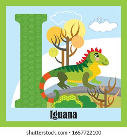 Vector Cartoon Flashcards Of Animal Alphabet, Letter I. Colorful Cartoon Illustration Of Letter And Iguana Vector Character. Bright Colors Zoo Wildlife Illustration. Cute Flat Cartoon Style. 