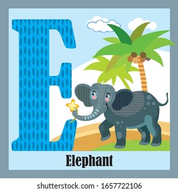 Vector Cartoon Flashcards Of Animal Alphabet, Letter E. Colorful Cartoon Illustration Of Letter E And Elephant Vector Character. Bright Colors Zoo Wildlife Illustration. Cute Flat Cartoon Style. 