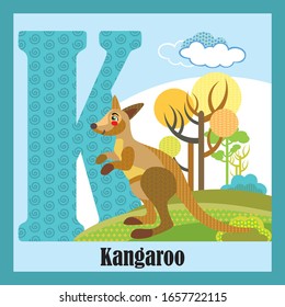 Vector cartoon flashcards of animal alphabet, letter F. Colorful cartoon illustration of letter K and kangaroo vector character. Bright colors zoo wildlife illustration. Cute flat cartoon style. 