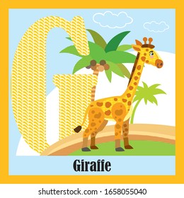 Vector Cartoon Flashcards Of Animal Alphabet, Letter G. Colorful Cartoon Illustration Of Letter G And Giraffe Vector Character. Bright Colors Zoo Wildlife Illustration. Cute Flat Cartoon Style. 