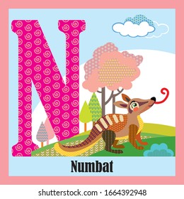 Vector cartoon flashcards of animal alphabet, letter N. Colorful cartoon illustration of letter N and numbat vector character. Bright colors zoo wildlife illustration. Cute flat cartoon style.