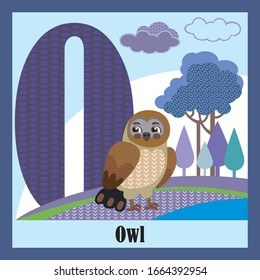 Vector Cartoon Flashcards Of Animal Alphabet, Letter O. Colorful Cartoon Illustration Of Letter O And Owl Vector Character. Bright Colors Zoo Wildlife Illustration. Cute Flat Cartoon Style.