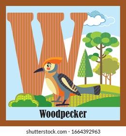 Vector Cartoon Flashcards Of Animal Alphabet, Letter W. Colorful Cartoon Illustration Of Letter W And Woodpecker Vector Character. Bright Colors Zoo Wildlife Illustration. Cute Flat Cartoon Style.