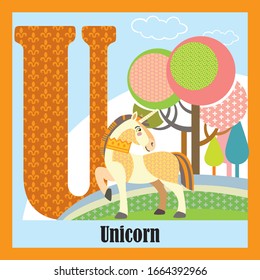 Vector cartoon flashcards of animal alphabet, letter U. Colorful cartoon illustration of letter U and nicorn vector character. Bright colors wildlife illustration. Cute flat cartoon style.