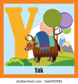 Vector Cartoon Flashcards Of Animal Alphabet, Letter Y. Colorful Cartoon Illustration Of Letter Y And Yak Vector Character. Bright Colors Zoo Wildlife Illustration. Cute Flat Cartoon Style. 