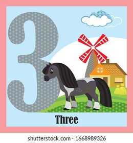 Vector cartoon flashcards of animal numbers, number 3. Colorful cartoon illustration of number 3 and pony vector character.Bright colors zoo wildlife image.Cute flat cartoon style. Stock illustration.