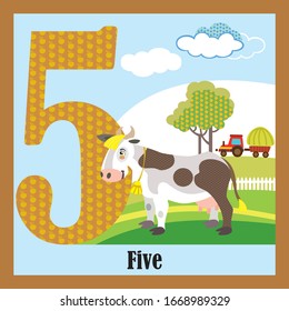 Vector cartoon flashcards of animal numbers, number 5. Colorful cartoon illustration of number 5 and cow vector character. Bright colors zoo wildlife image.Cute flat cartoon style. Stock illustration.
