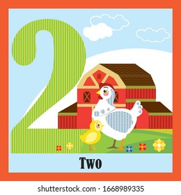 Vektorillustration Cartoon Taschenkarten von Tiernummern, Nummer 2. Farbige Cartoon-Illustration des Zeichens Nr. 2 und Henne Vektorillustration. Helle Farben Zoo Tier-Bild.Cute flachen Cartoon-Stil. Stockillustration.