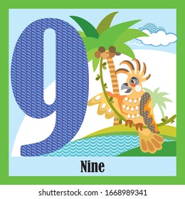 Vector cartoon flashcards of animal numbers, number 9.Colorful cartoon illustration of number 9 and parrot vector character. Bright colors zoo wildlife image.Cute flat cartoon style.Stock illustration