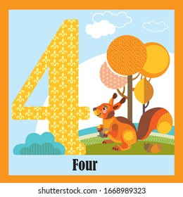 Vector cartoon flashcards of animal numbers,number 4.Colorful cartoon illustration of number 4 and squirrel vector character.Bright colors zoo wildlife image.Cute flat cartoon style.Stock illustration