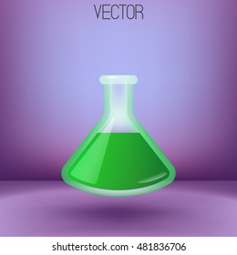 Vector cartoon flask illustration. Bulb icon. Green liquid. Poison. Acid.