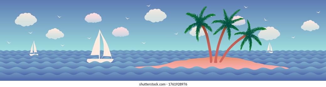 Vector cartoon flat abstract illustration of island in ocean with white yacht.