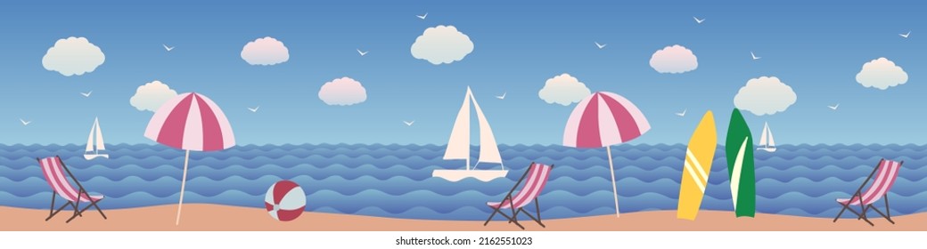 Vector cartoon flat abstract illustration of beach in ocean with white yacht, umbrellas and surfboards.