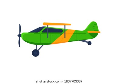 Vector cartoon flat airplane illustration. Green and yellow plane isolated on white background. Small tourist plane for travel concept design.