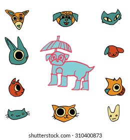 Vector cartoon flat animals set icon stickers. For ui, web games, tablets, wallpapers, and patterns.