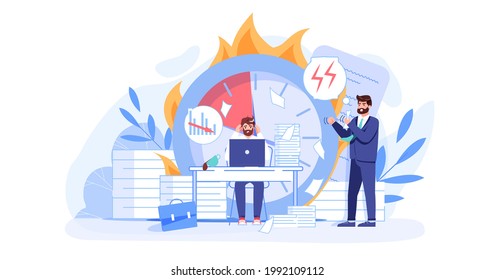 Vector cartoon flat boss manager,office worker characters in work conflict scene.Angry boss shout at bad employee character,deadline failure-office work stress situation,web site banner concept