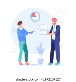 Vector cartoon flat boss manager,office worker characters in work conflict scene.Angry boss unhappy with bad employee character,deadline failure-office work stress situation,web site banner concept