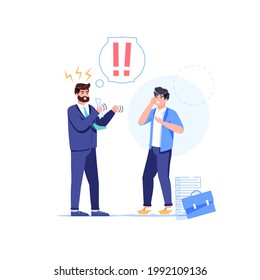 Vector cartoon flat boss manager,office worker characters in work conflict scene.Angry boss shout at bad employee character,deadline failure-office work stress situation,web site banner concept