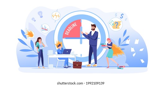 Vector cartoon flat boss manager,office workers characters in work conflict scene.Angry boss shout at bad employees,deadline failure-office work stress situation,web site banner concept