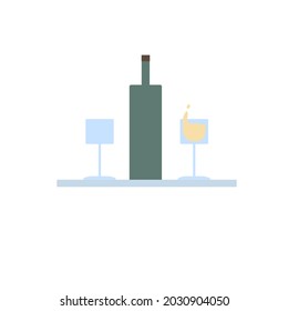 Vector cartoon flat bottle of wine and two glasses isolated on empty background-romantic dinner in restaurant or at home,healthy eating concept,web site banner ad design