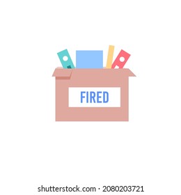 Caja plana de dibujos animados con material de oficina.Cartón con diferentes pertenencias y cosas aisladas en trabajos vacíos de oficina, concepto de almacenamiento y transporte de artículos, banner y diseño de sitios web