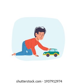 Vector cartoon flat boy character happy kid playing with toy car- children's fashion,kids toys,communication,friendship social concept