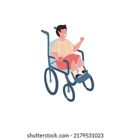 Vector cartoon flat boy character in wheelchair smiles,sends greetings,joyfully gesticulate-social relationships,communication,happy childhood for childrens concept,web site banner ad design