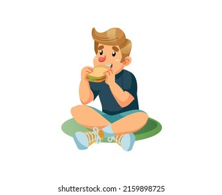 Vector cartoon flat boy character,kid eating sandwich-children's fashion,kids clothing,happy childhood and healthy family relationships social concept,web site banner ad design