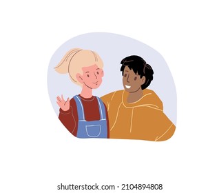 Vector cartoon flat boy and girl characters,kids happily smile-children's fashion and clothing,happy childhood and healthy family relationships social concept,web site banner ad design