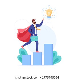 Vector cartoon flat business character present new idea symbol on growth chart.Happy employee superhero shows glow lamp-metaphor of new ideas,finding solution,problem solving web site banner concept