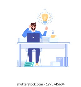 Vector cartoon flat business character present new idea.Successful businessman happy employee shows glowing lamp-metaphor of fresh idea,finding solution,problem solving web site banner symbol concept
